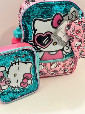 Hello Kitty Kids Backpack & Lunch Bag water bottle 5 Piece Set - NWT